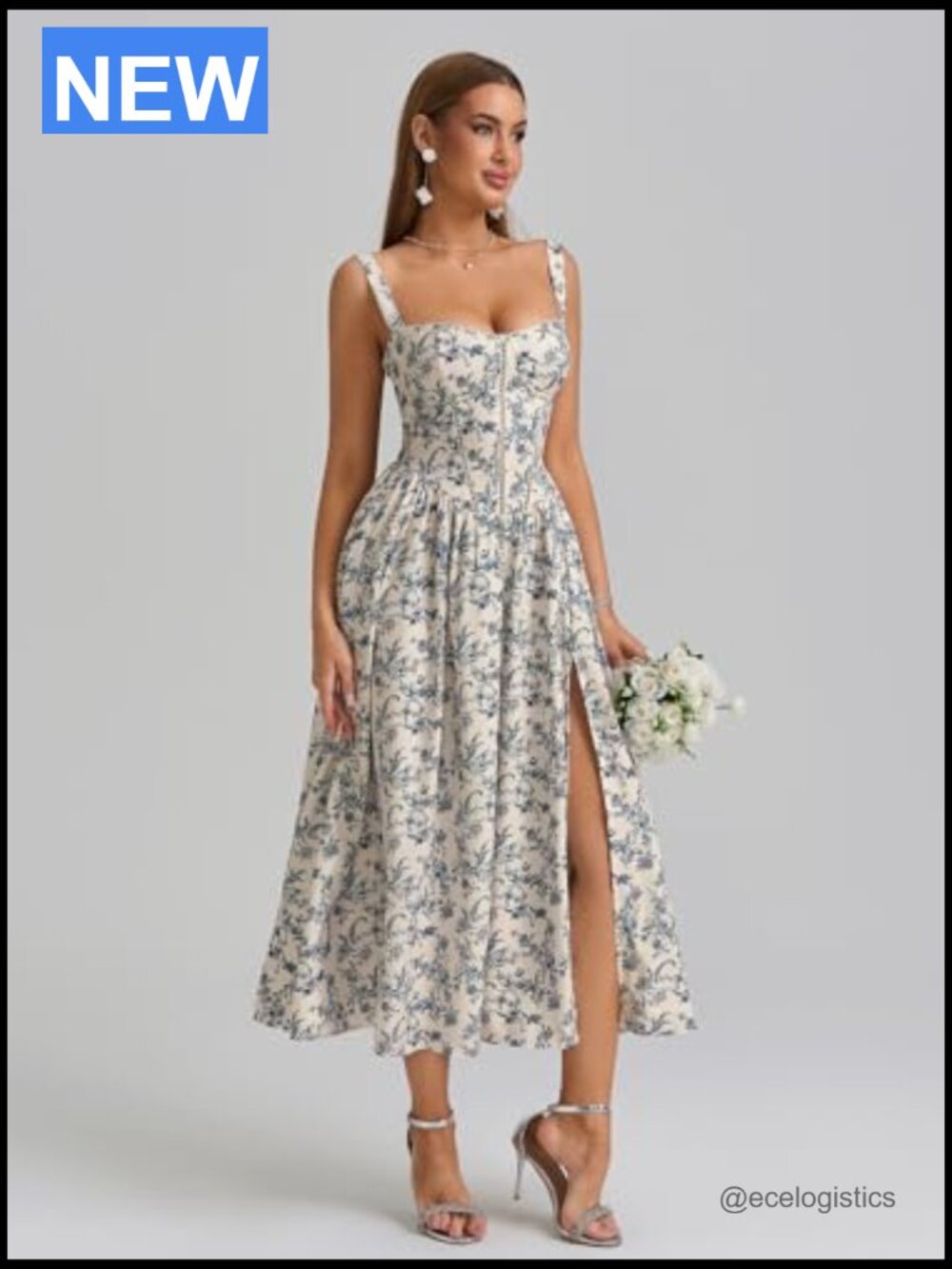 Floral Corset Midi Dress Flowy with Pockets Smocked Back Slit Wedding Guest - Picture 2 of 7